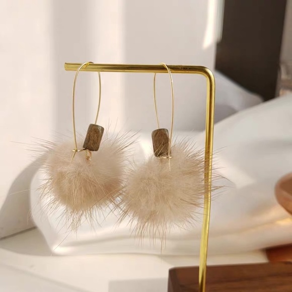 Jewelry - Furry Fur Ball Wood Hook Earrings